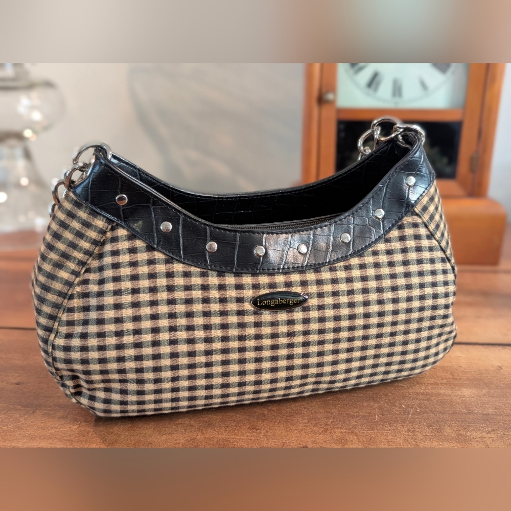 Longaberger Black & Tan Gingham Shoulder Bag Faux Leather Croc Trim Chain Strap